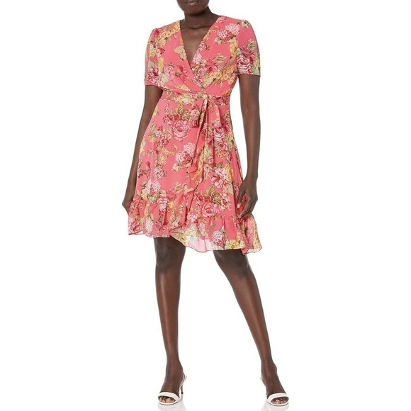 NWT London Times Floral Faux Wrap Mini Dress Short Sleeve Women's Pink Size 10 - Picture 1 of 6
